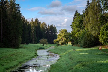 Slavyanka River Valley in the landscape part of the Pavlovsk Palace and Park Complex on a sunny summer day, Pavlovsk, Saint Petersburg, Russia
