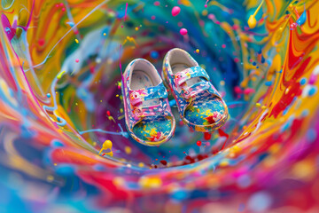 Baby shoes suspended within a swirling vortex of colorful paint splatters, creating a mesmerizing kaleidoscope of patterns.