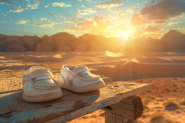 Baby shoes placed on a weathered wooden bench overlooking a vast desert landscape, with towering sand dunes glowing under the setting sun. - Powered by Adobe