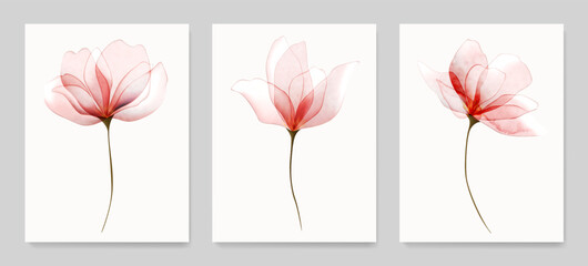 Botanical art background with red and pink transparent flowers in watercolor style. Vector set of floral posters for decoration, print, textile, wallpaper, interior design.