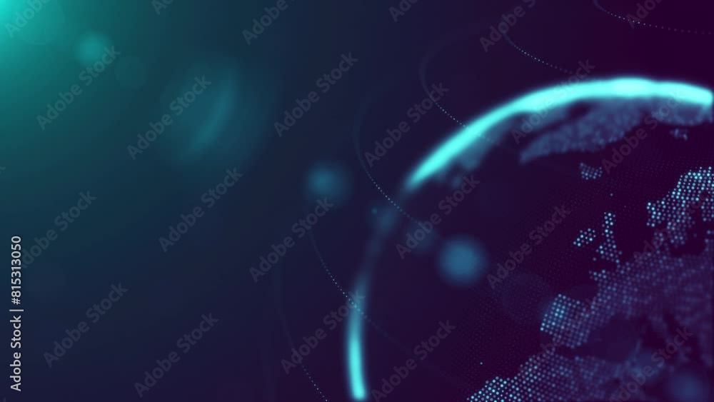 Poster futuristic blue violet shiny partial view of dotted globe earth world map rotating in the bottom rig