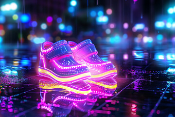 Baby shoes illuminated by the soft glow of neon lights in a futuristic cityscape, reflecting off a rain-slicked pavement below against a solid black background. - Powered by Adobe