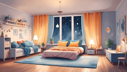 watercolour-style cartoon bedroom