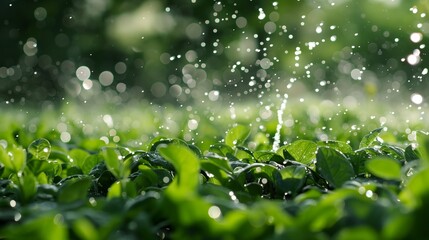 a field of green leaves with water droplets on them