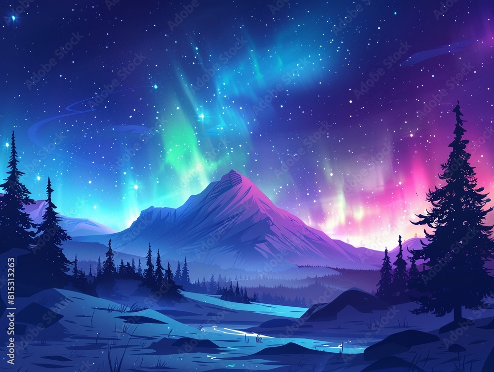 Wall mural beautiful and impressive northern lights display flat design side view polar theme cartoon drawing a