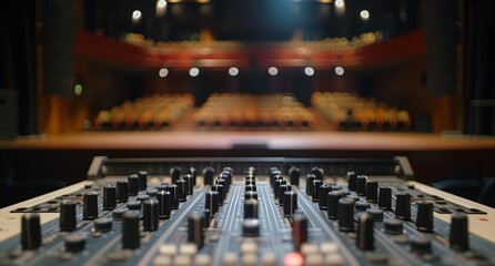 a sound board with a view of a stage and auditorium in the background