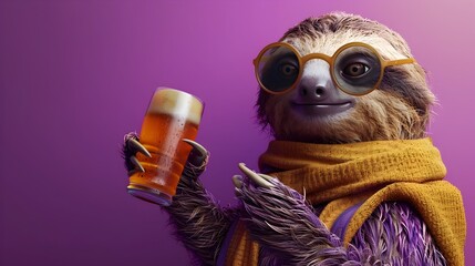 Naklejka premium Relaxed Sloth Enjoying a Casual Drink in a Vivid Brightly Lit Studio Scene