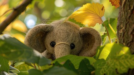 On a sunny day a charming woolly toy elephant peeks out from under vibrant green leaves showcasing the art of dry felting