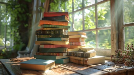 Stacks of Colorful Books on a Wooden Table with Sunlit Window Cozy and Inviting Setting for Reading and Learning