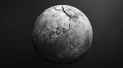 A striking 3D rendering showcases an abstract monochrome artwork featuring a damaged spherical shape resembling planet Earth the moon or an asteroid This unique creation captures a large cr