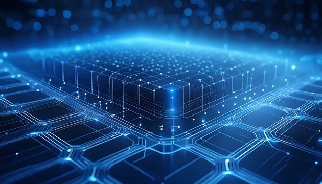 abstract technology background. An abstract representation of a quantum computing lab with floating, interconnected nodes 