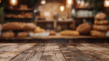 A wooden table in a bakery topped with various types of bread, blurred background, copy space