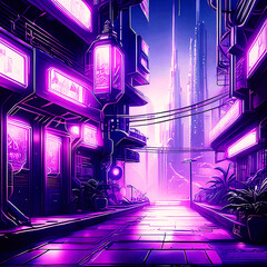나이트, 도시, 네온사인, 자주색, 골목길, 사이버 펑크