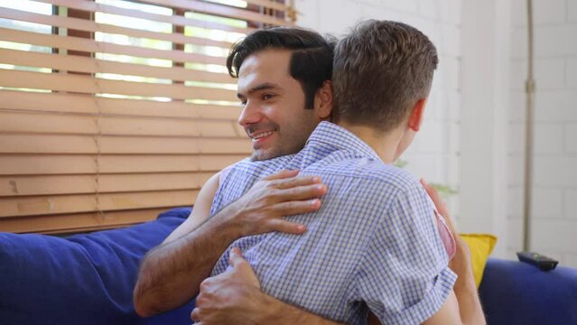Caucasian handsome gay surprise proposal of marriage to male partner. 