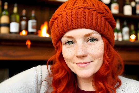  a pretty welsh woman, early 30s, auburn red hair with  curls, freckles, wearing a wool cap, in a rustic pub, fire 