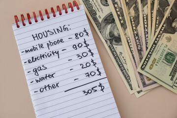 Obraz premium Counting expenses bills on housing electricity, gas, water. Banknotes of dollar cash around. High prices for energy inflation crisis. Cut back on spending. Savings rate