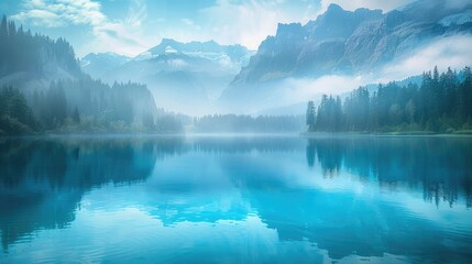 In the early morning light a picturesque scene unfolds before you a serene blue lake mirroring a majestic mountain range blanketed with a gentle mist creating a stunning natural landscape