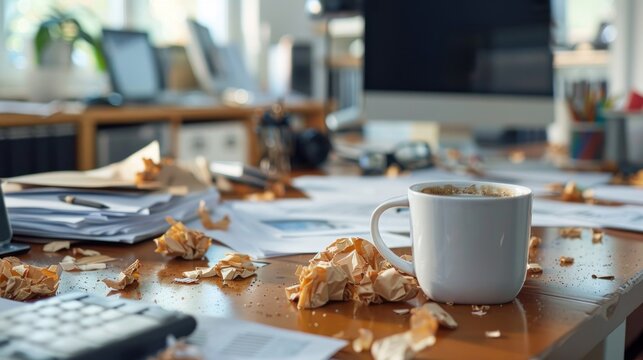 A messy desk with a spilled coffee cup, crumpled papers, and a deserted computer monitor..