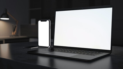 A mockup of a laptop and a phone with a white screens.