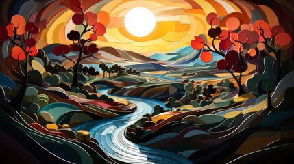 Sunset Serenity: Stained Glass Landscape