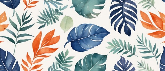 digital illustration of tropical leaves background in vibrant orange and muted blue