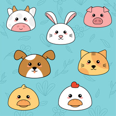 Cute kawaii emoji animal icons set Vector illustration