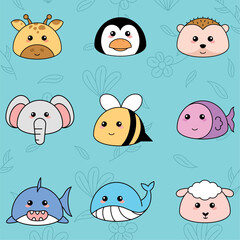 Cute kawaii emoji animal icons set Vector illustration