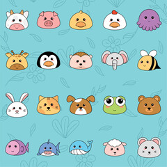 Cute kawaii emoji animal icons set Vector illustration