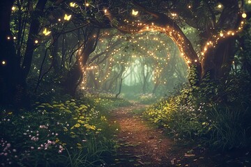 enchanting forest path leading to magical fantasy realm whimsical fairytale landscape digital illustration