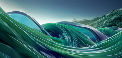 Futuristic collision of jade and sapphire waves in an abstract landscape.