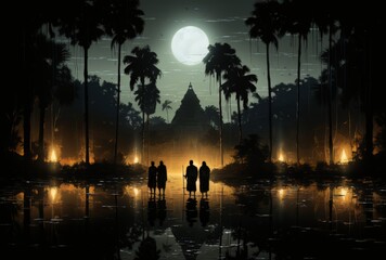 Silhouetted Monks Walking by Moonlight