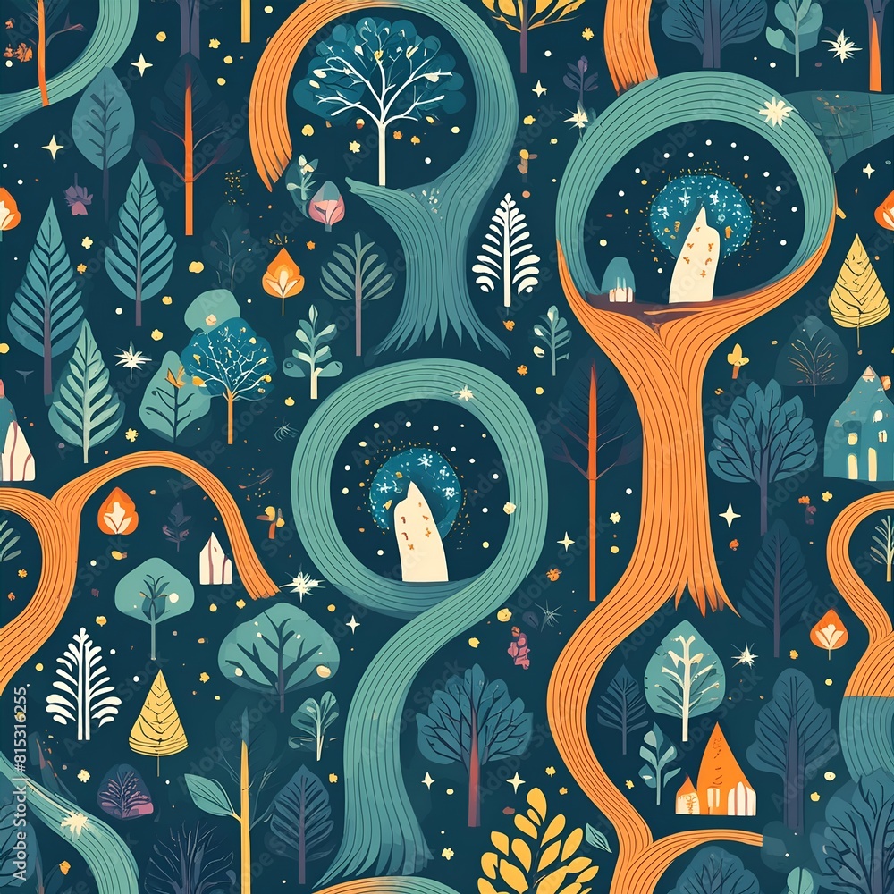 Poster seamless pattern inspired by an enchanted forest, with towering trees, magical