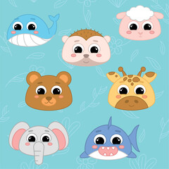 Cute kawaii emoji animal icons set Vector illustration