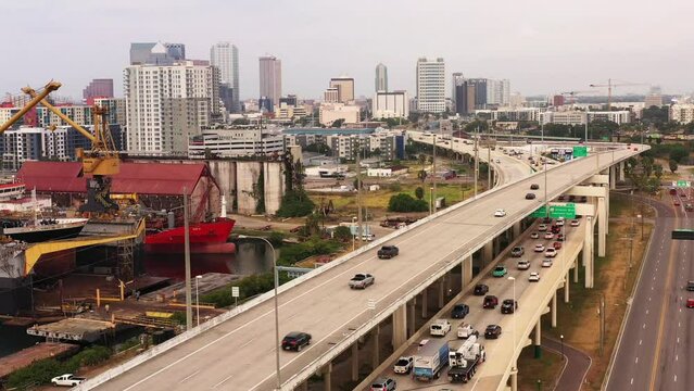 Aerial city view of highway I4  going into Tampa, Florida on a cloudy grey morning. 