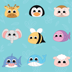 Cute kawaii emoji animal icons set Vector illustration