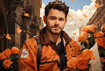 Young Man in Orange Jacket Surrounded by Flying Petals