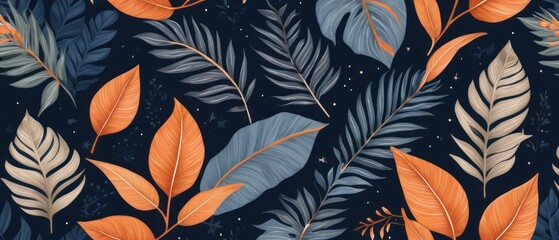 Fototapeta premium digital illustration of tropical leaves background in vibrant orange and muted blue