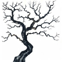 Watercolor painting of a dramatic tree silhouette with twisted branches reaching towards the sky, on isolated white background, Generative AI