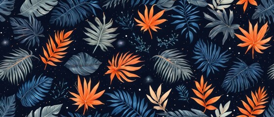 digital illustration of tropical leaves background in vibrant orange and muted blue