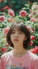 cute and lovely female young model. a short hair girl in a roses garden
