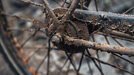 A detailed close up reveals an antique bicycle tire covered in sticky dust particles and adorned with steel spokes showcasing the intricate rim of the wheel