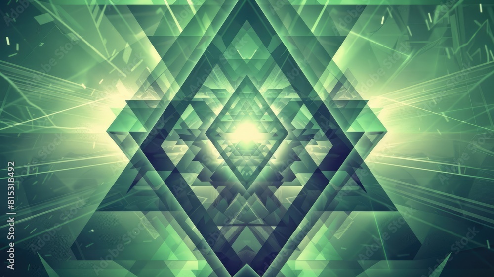 Poster 3d rendering of a green and black geometric shape with a glowing center. aig51a.
