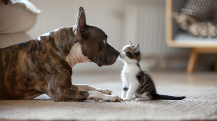 An American Stafford-shire terrier dog is playing with a cute little kitten in a heartwarming display of friendship and companionship. This 8k photo captures the innocent and sweet bond between...
