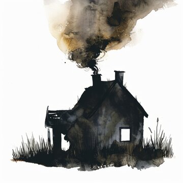 recommend clip art: Watercolor painting of a tranquil countryside farmhouse silhouette with smoke rising from the chimney, on isolated white background, Generative AI 