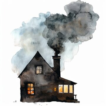 recommend clip art: Watercolor painting of a tranquil countryside farmhouse silhouette with smoke rising from the chimney, on isolated white background, Generative AI 