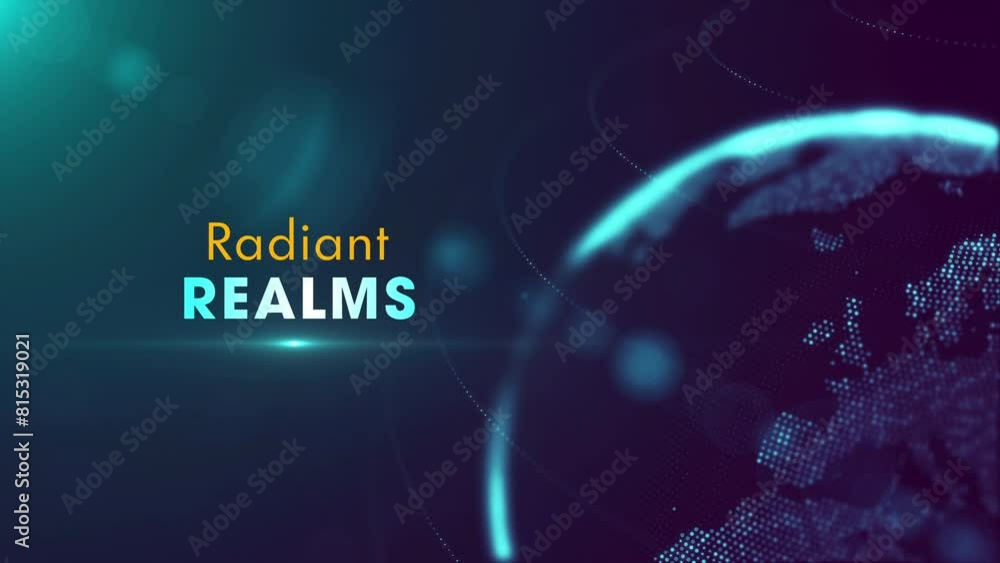 Poster radiant realms lettering on blue violet shiny partial view of dotted globe earth world map rotating 