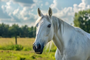 Obraz premium White horse standing in the green field on a sunny summer day
