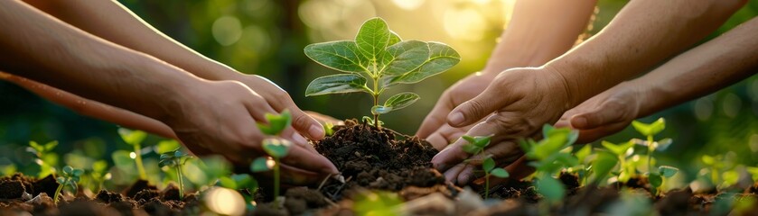 Fototapeta premium A group of diverse hands planting a tree seedling in the soil together.