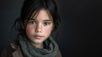 A studio portrait of a beautuful young pre-teen female model with dark hair, brown eyes and wearing makeshift grey scarf around her neck. Copy space.