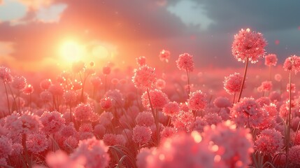 Full bloom onion organic farm in the morning with sun rise. Created using generative AI